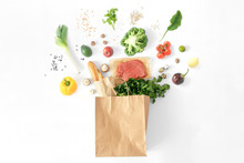Full Paper Bag Different Healthy Food White Background Top View Flat Lay