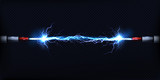 Fototapeta Zachód słońca - Electrical discharge passing through air between two pieces of naked wires or power cables 3d realistic vector illustration isolated on transparent background. Electrical power short circuit concept