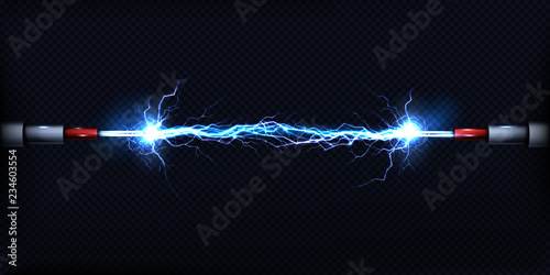 Fotomural Electrical discharge passing through air between two pieces of naked wires or power cables 3d realistic vector illustration isolated on transparent background