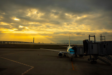 Canvas Print - passenger plane preparing for departure from airport terminal early morning