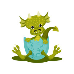 Wall Mural - funny baby dragon in blue broken egg shell. green mythical monster with cute muzzle. flat vector ico