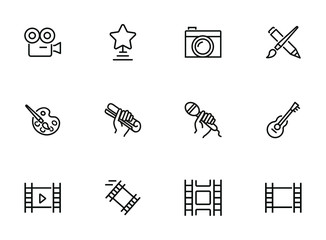 Sticker - Creativity line icon set. Camera, guitar, movie. Leisure concept. Can be used for topics like entertainment, vocation, hobby