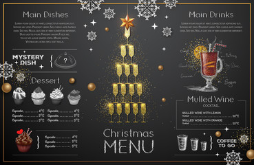 Christmas menu design with golden champagne glasses. Restaurant menu. Pyramid of champagne glasses