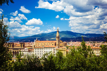 Poster - Panoramic view Florence Firenze  - Basilica di Santa Croce (Holy Cross), mountains from Piazzale Michelangelo, top view, Florence, Tuscany, Italy