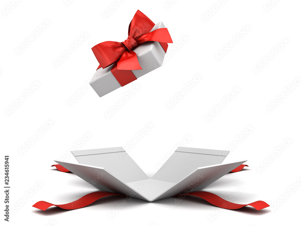 Open gift box or present box with red ribbon bow isolated on white background with shadow 3D rendering - obrazy, fototapety, plakaty 