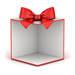 Wall Mural - Blank display gift box backdrop or present box showcase with red ribbon bow isolated on white background with shadow 3D rendering