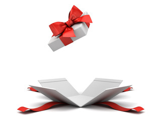 open gift box or present box with red ribbon bow isolated on white background with shadow 3d renderi