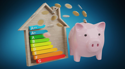 Wall Mural - energy chart rating and piggy bank illustration 3d rendering