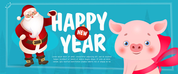 Wall Mural - Happy New Year lettering with piglet and Santa Claus. New Year Day greeting card. Handwritten text, calligraphy. For leaflets, brochures, invitations, posters or banners.
