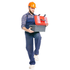 Wall Mural - Young man builder with toolbox industry worker hardhat on white background isolation