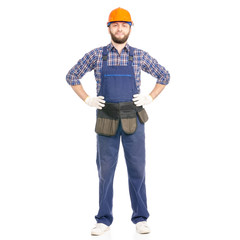 Poster - Young man builder industry worker hardhat on white background isolation