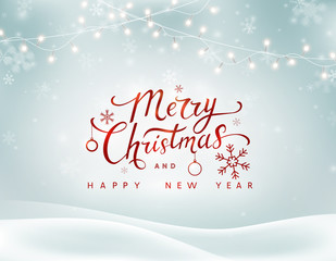 Christmas winter landscape background with falling snowflakes, garland lights. Merry Christmas and Happy New Year card. Vector xmas snowy holiday banner.