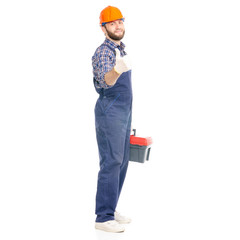 Wall Mural - Young man builder with toolbox industry worker hardhat on white background isolation