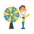 © topvectors - Cheerful anchorman with headset spinning roulette wheel with numbers, quiz show concept vector Illustration on a white background