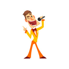 Poster - Joyful man with microphone, host of the show vector Illustration on a white background