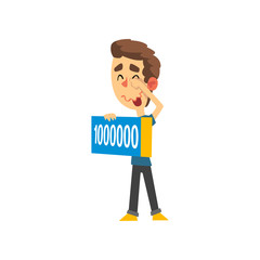 Poster - Man holding check for one million dollars, guy winning the lottery vector Illustration on a white background