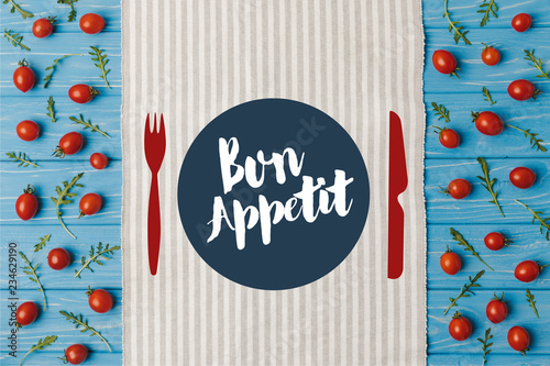 Plakaty do jadalni top-view-of-napkin-and-cherry-tomatoes-with-arugula-on-blue-table-bon-appetit-lettering