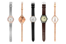 Woman Stylish Watches. Set Of Five Female Watches Of Various Sizes And Designs, Isolated On White Background, Clipping Paths Included.