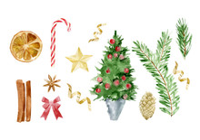 Watercolor Illustration Of Christmas Vector Objects Set. Composition Happy New Year. Pine Twig, Branch, Ribbon, Star, Candy, Bow, Lay Top View. Illustration Of Tree Decoration, Xmas Background