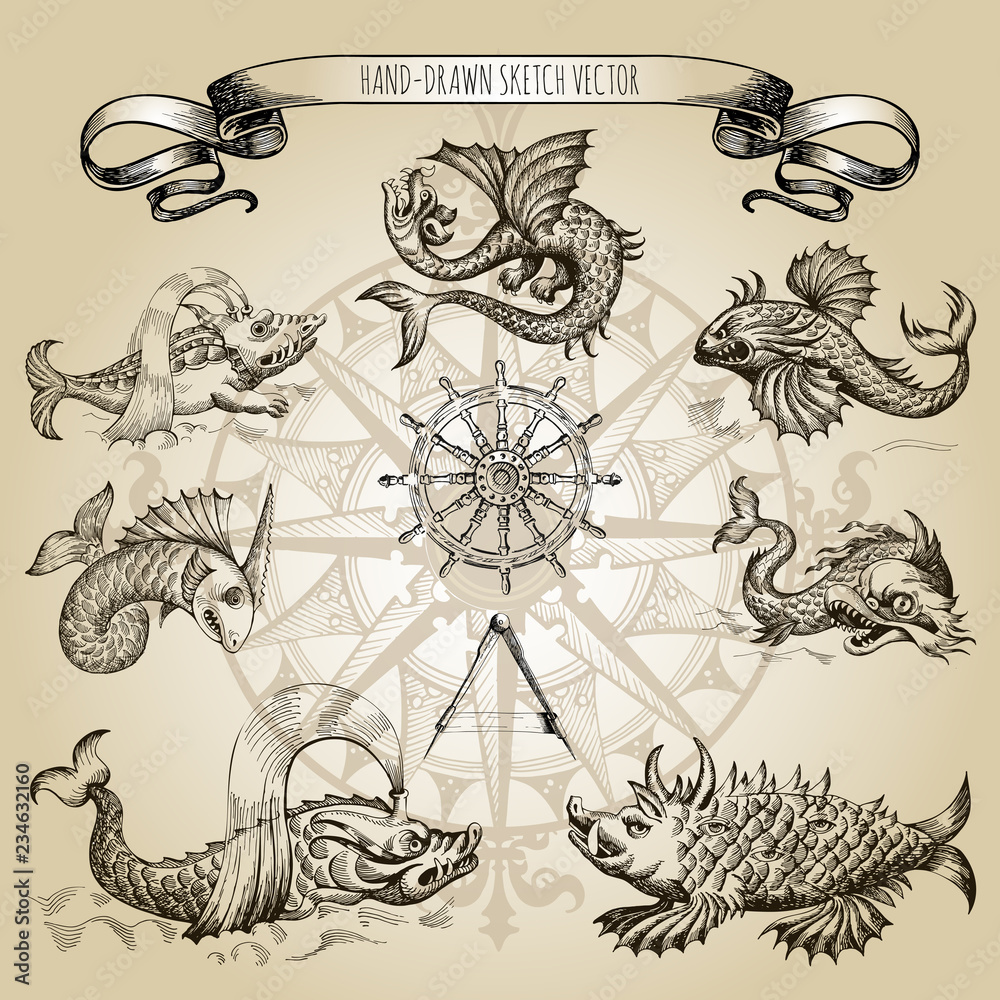 Vetor Mythological vintage sea monster. Fragment of old pirate map. Hand  drawn vector sketch. do Stock | Adobe Stock