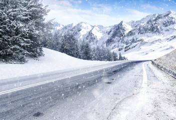 Poster - Winter road of free space and snowflakes decoration. 