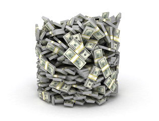 Tubes form stacked us dollars isolated on white background. Bucket of cash