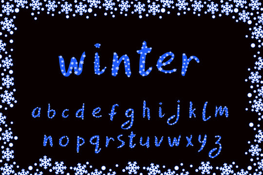 Alphabet winter design with snowflakes. Hand brush font. Lowercase letters. EPS 10