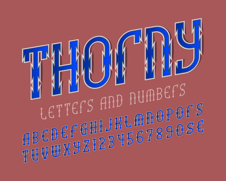 Thorny alphabet with numbers and currency signs. Urban stylized font. Isolated english alphabet.