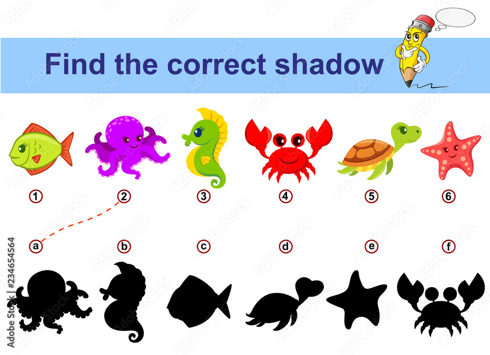 Find correct shadow. Kids educational game. Sea animals Stock Vector ...