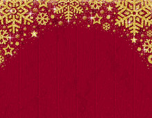 Red Wooden Christmas Card With  Frame Of Golden Glittering Snowflakes And Stars, Vector Illustration