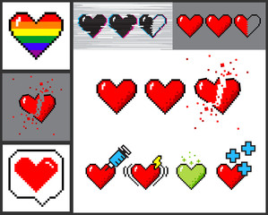 Vector set of 8 bit pixel art hearts