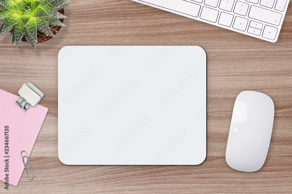 Mouse pad mockup. White mat on the table with props - obrazy, fototapety, plakaty 