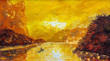 Fishing on lake Lee in the mountains. National Asian fishing. Sunset in the mountains above the river Original oil painting