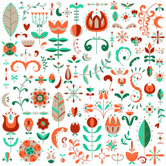 Vector flat set of 90 Scandinavian elements. Flowers and doodles.