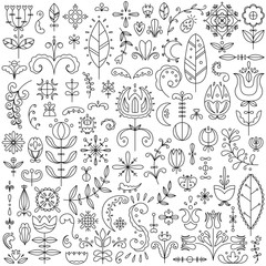 Vector line set of 90 Scandinavian elements. Flowers and doodles.