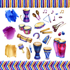 Watercolor set of different traditional ethnic percussion instruments