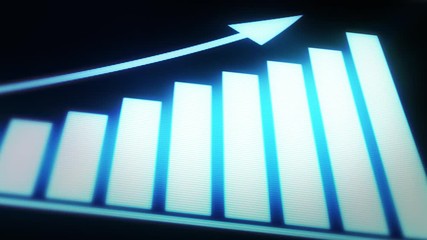 Poster - 4k Business Growth And Success Arrow Infographics/ Animation of a business infographics with rising arrow and bar stats appearing, symbolizing growth and success, with glitch and noise digital effects
