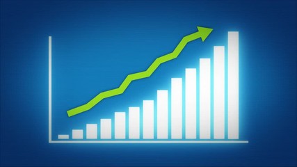 Poster - 4k Business Growth And Success Arrow Infographics/ Animation of a business infographics with rising arrow and bar stats appearing, symbolizing growth and success, with glitch and noise digital effects