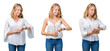 © Krakenimages.com - Collage of beautiful blonde woman over white isolated background Checking the time on wrist watch, relaxed and confident