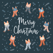 Cute Merry Christmas Cats, Snowflakes, Music Notes & Fir Branches. Vector Elements, Great For Card Or Pattern Design.