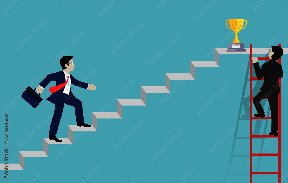 businessman walking up on staircase go to goal . destination, victory ...