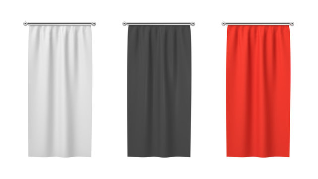 3d rendering of three rectangular black, white and red flags hanging vertically on a white background.