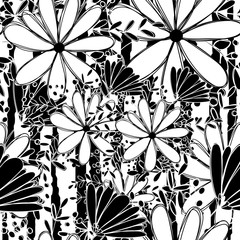 Seamless pattern white and black camomlile absctract flower