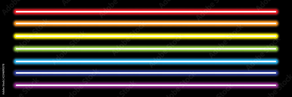 horizontal rainbow neon tube lights on black,vector illustration - obrazy, fototapety, plakaty 