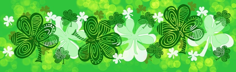 Wall Mural - shamrock four leaf clover, st patrick's day, march green and white banner header background in wide 