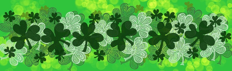 Wall Mural - shamrock four leaf clover, st patrick's day, march green and white banner header background in wide 
