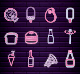 Poster - set fast food with drink neon light label