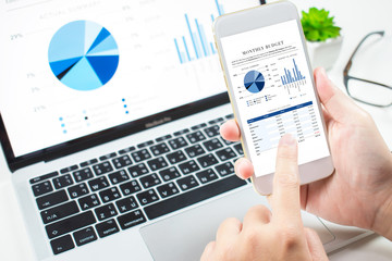 Poster - Investors analyze the investment in the market with a financial dashboard on smartphones and computers.