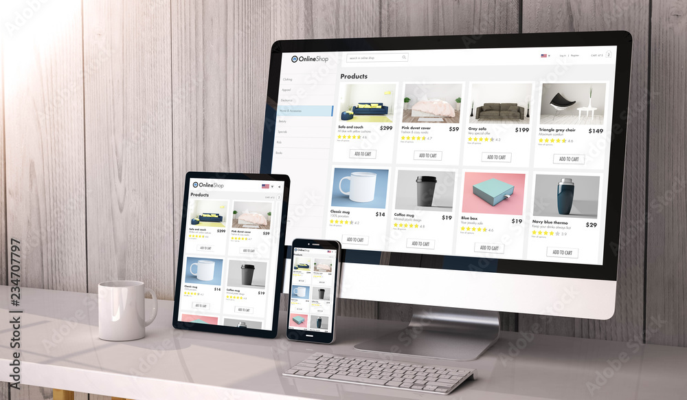 devices responsive on workspace online shop website design - obrazy, fototapety, plakaty 