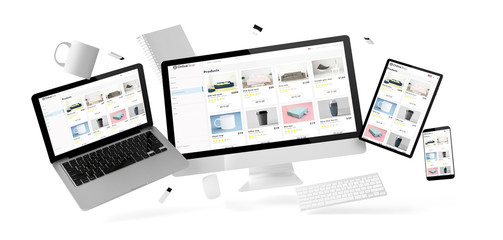 Wall Mural - office stuff and devices floating with online shop